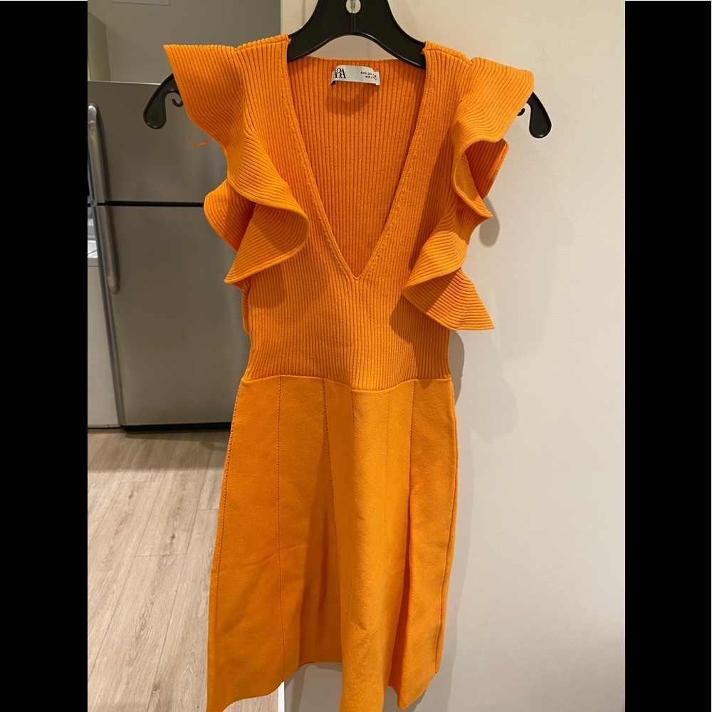 Zara Orange Ruffle Knit A line dress